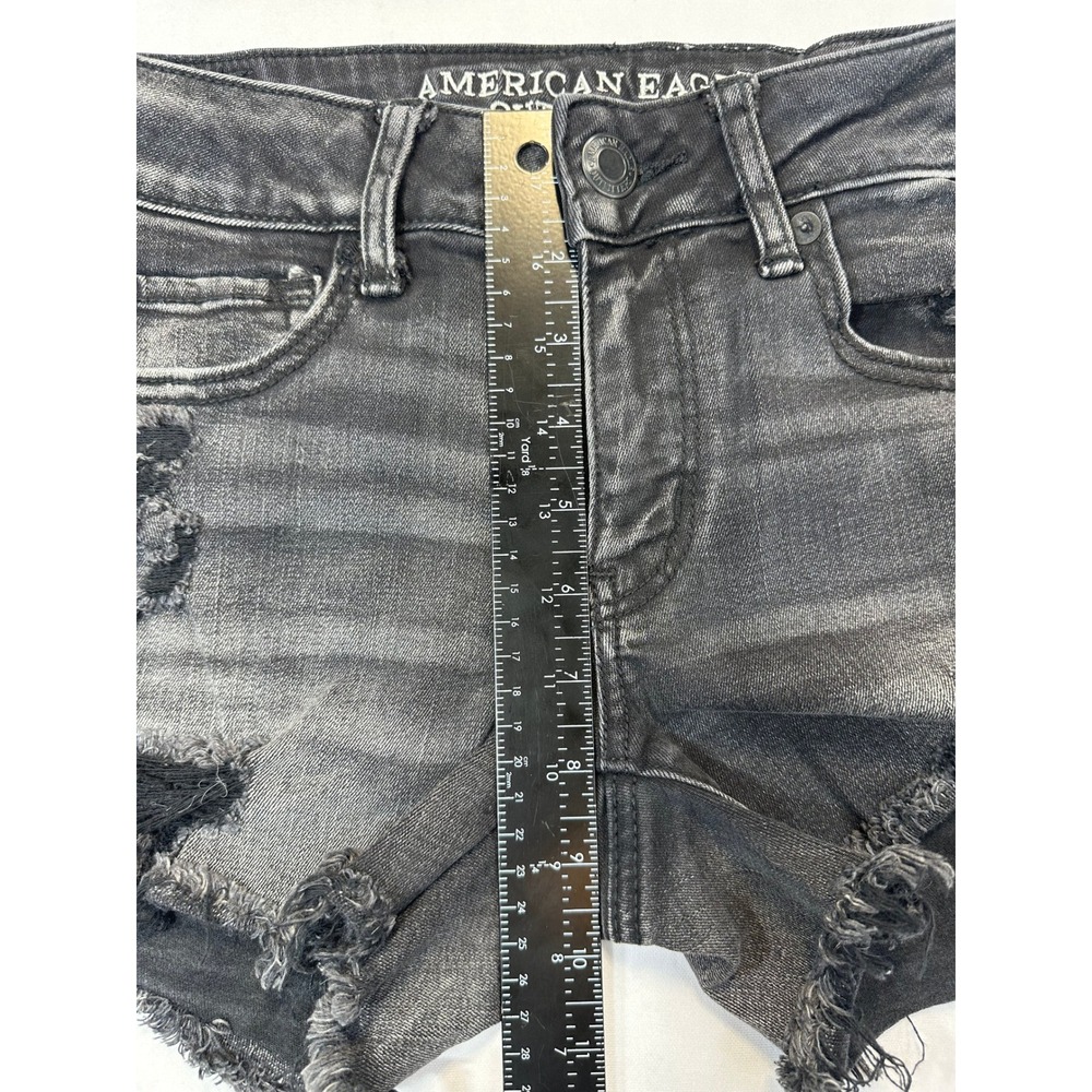 American Eagle Super Stretch Distressed Black Denim Shorts Womens Size 4 Frayed - Picture 5 of 14